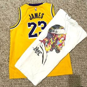 LeBron James Laker jersey and fan shirt combo